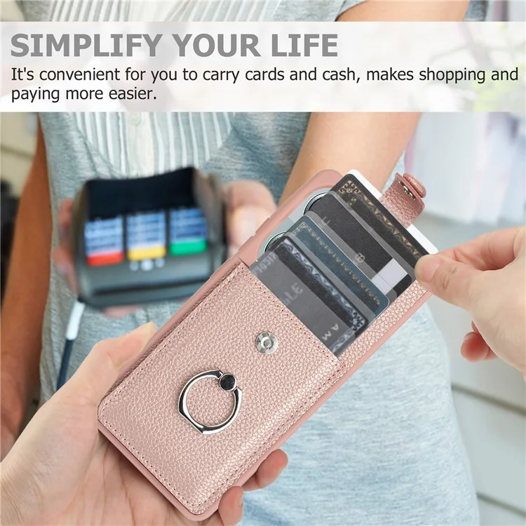Для Xiaomi Poco M6 Pro 4G / Redmi Note 13 Pro 4G Case Brawt Type Plots Card Slots Litchi Texture Кожаная Крышка с Кольцевой Подставкой - Розовое Золото