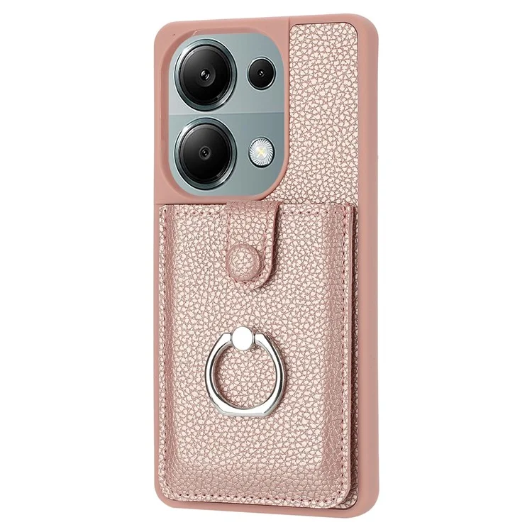 Для Xiaomi Poco M6 Pro 4G / Redmi Note 13 Pro 4G Case Brawt Type Plots Card Slots Litchi Texture Кожаная Крышка с Кольцевой Подставкой - Розовое Золото