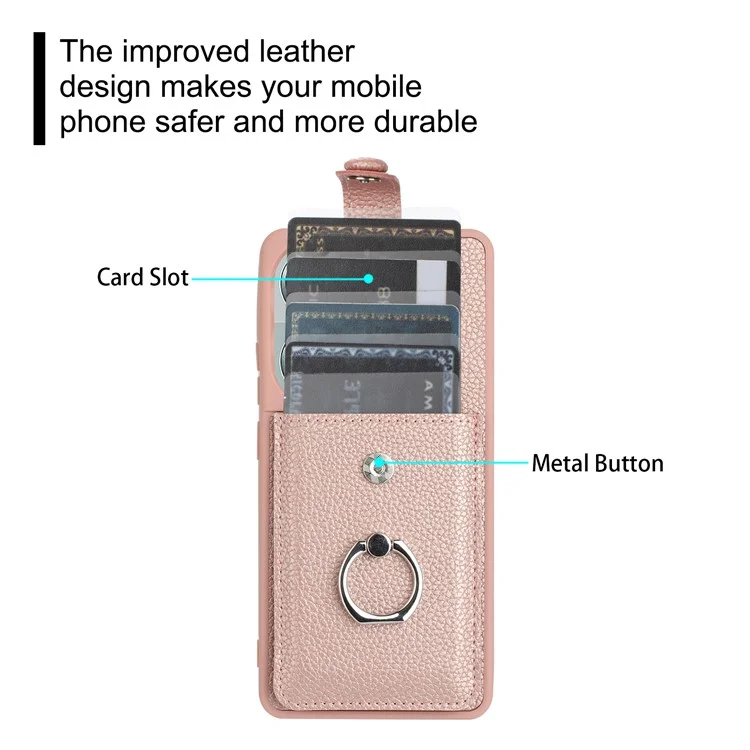Для Xiaomi Poco M6 Pro 4G / Redmi Note 13 Pro 4G Case Brawt Type Plots Card Slots Litchi Texture Кожаная Крышка с Кольцевой Подставкой - Розовое Золото