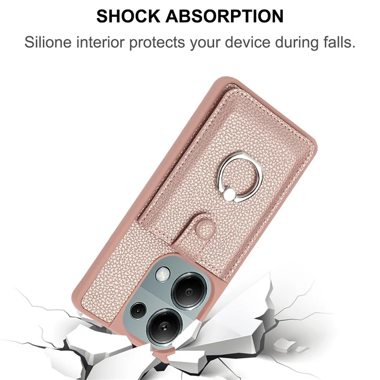Для Xiaomi Poco M6 Pro 4G / Redmi Note 13 Pro 4G Case Brawt Type Plots Card Slots Litchi Texture Кожаная Крышка с Кольцевой Подставкой - Розовое Золото