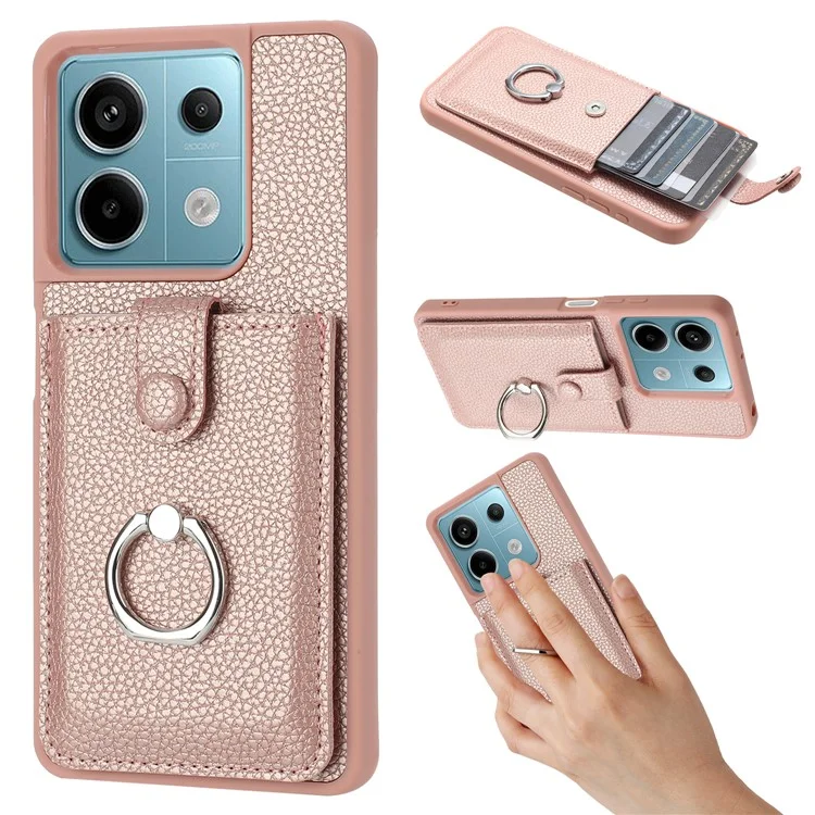 For Xiaomi Redmi Note 13 5G Case Drawing Type Card Slots Litchi Texture Leather Back Cover with Ring Kickstand - Rose Gold