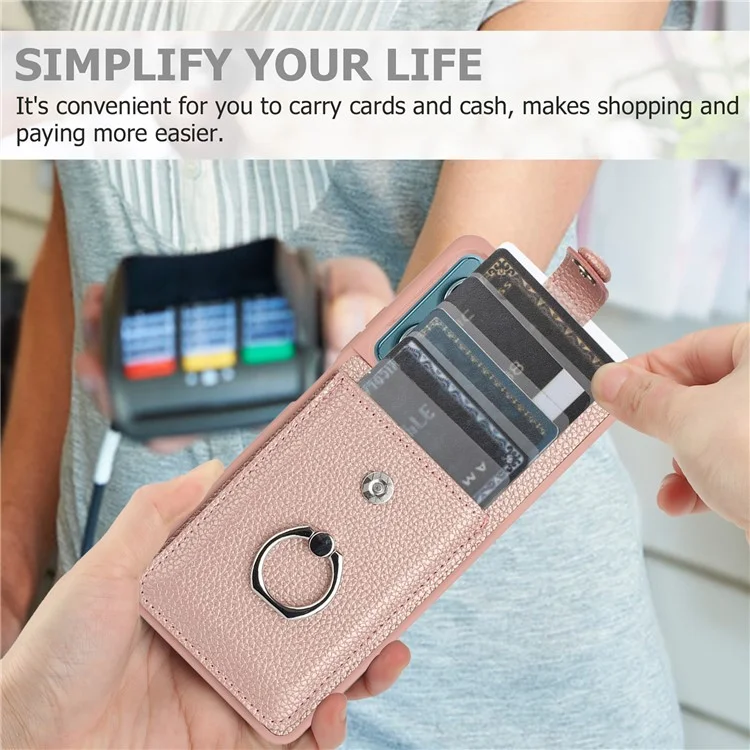 For Xiaomi Redmi Note 13 5G Case Drawing Type Card Slots Litchi Texture Leather Back Cover with Ring Kickstand - Rose Gold