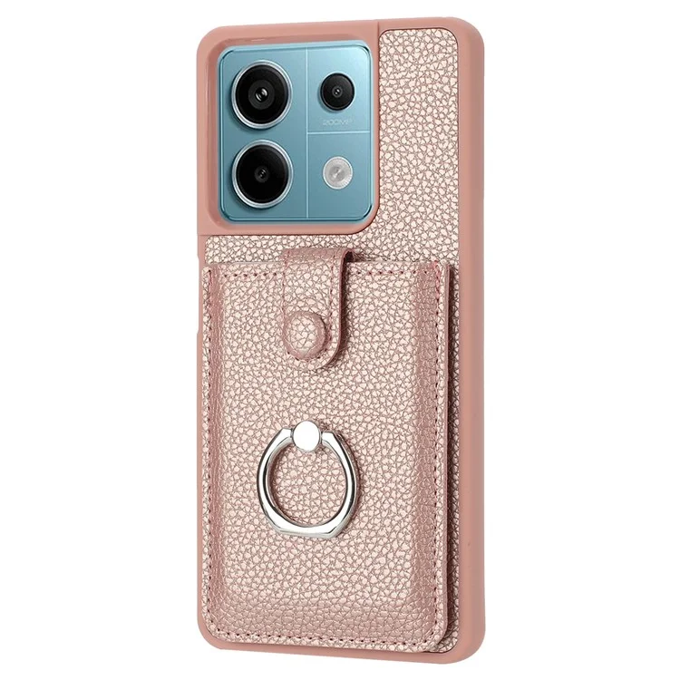 For Xiaomi Redmi Note 13 5G Case Drawing Type Card Slots Litchi Texture Leather Back Cover with Ring Kickstand - Rose Gold