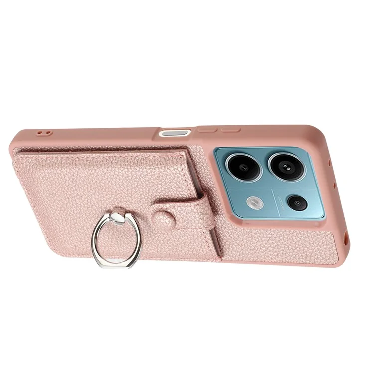 For Xiaomi Redmi Note 13 5G Case Drawing Type Card Slots Litchi Texture Leather Back Cover with Ring Kickstand - Rose Gold