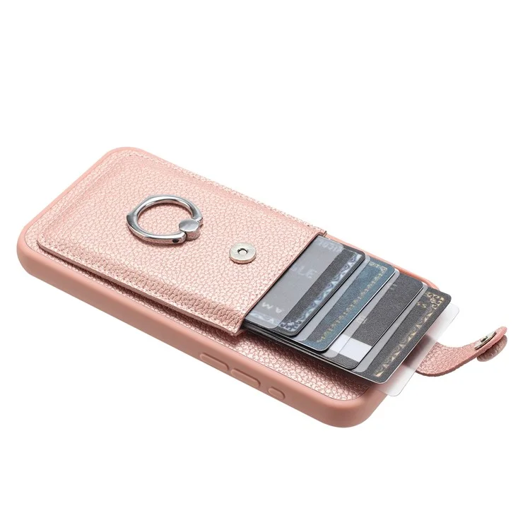 For Xiaomi Redmi Note 13 5G Case Drawing Type Card Slots Litchi Texture Leather Back Cover with Ring Kickstand - Rose Gold
