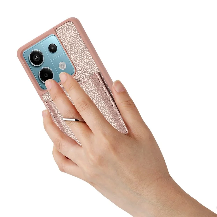 For Xiaomi Redmi Note 13 5G Case Drawing Type Card Slots Litchi Texture Leather Back Cover with Ring Kickstand - Rose Gold
