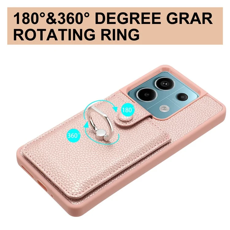 For Xiaomi Redmi Note 13 5G Case Drawing Type Card Slots Litchi Texture Leather Back Cover with Ring Kickstand - Rose Gold