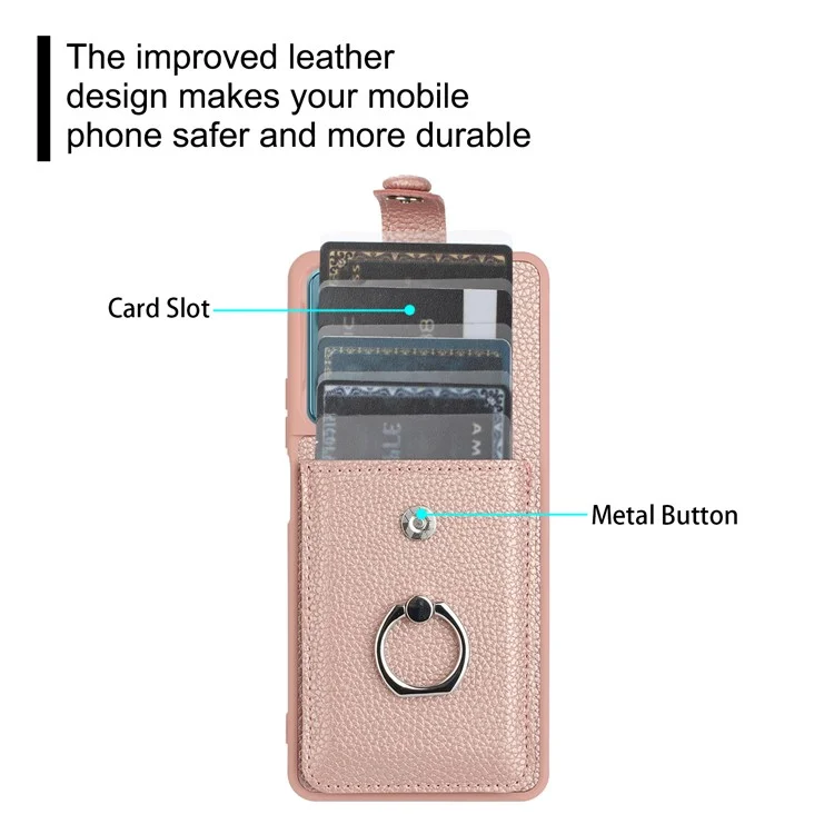 For Xiaomi Redmi Note 13 5G Case Drawing Type Card Slots Litchi Texture Leather Back Cover with Ring Kickstand - Rose Gold