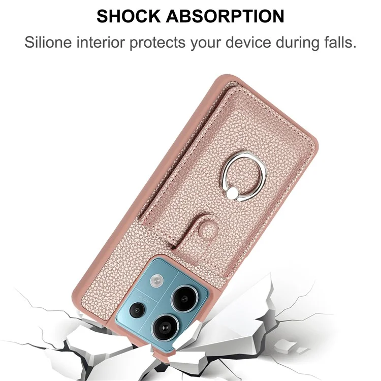 For Xiaomi Redmi Note 13 5G Case Drawing Type Card Slots Litchi Texture Leather Back Cover with Ring Kickstand - Rose Gold