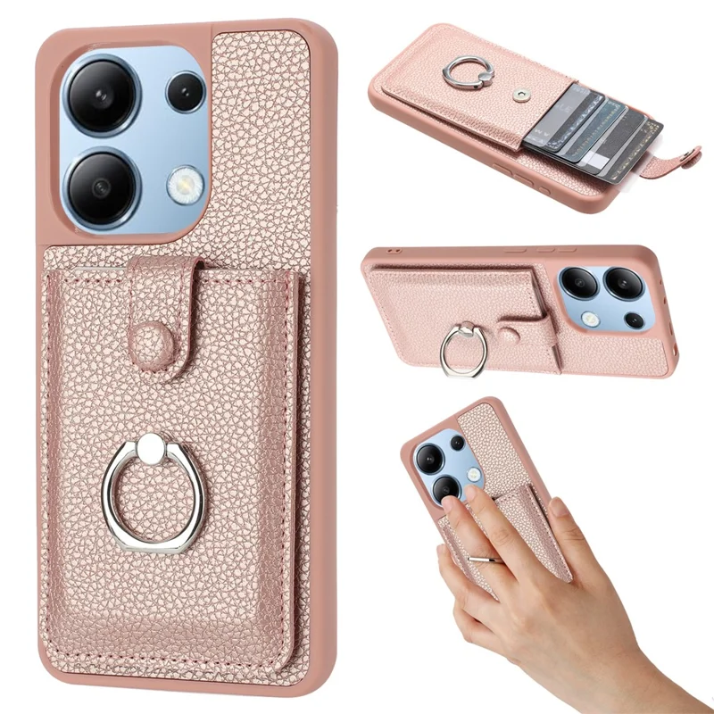 Para Xiaomi Redmi Note 13 4G Case Tipo Ranuras Tarjetas Litchi Textura Cubierta Trasera de Cuero Con Kickstand de Anillo - Oro Rosa