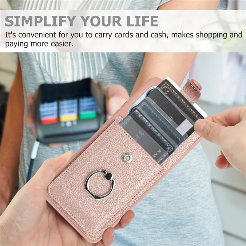 Para Xiaomi Redmi Note 13 4G Case Tipo Ranuras Tarjetas Litchi Textura Cubierta Trasera de Cuero Con Kickstand de Anillo - Oro Rosa