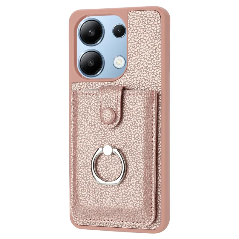 Para Xiaomi Redmi Note 13 4G Case Tipo Ranuras Tarjetas Litchi Textura Cubierta Trasera de Cuero Con Kickstand de Anillo - Oro Rosa