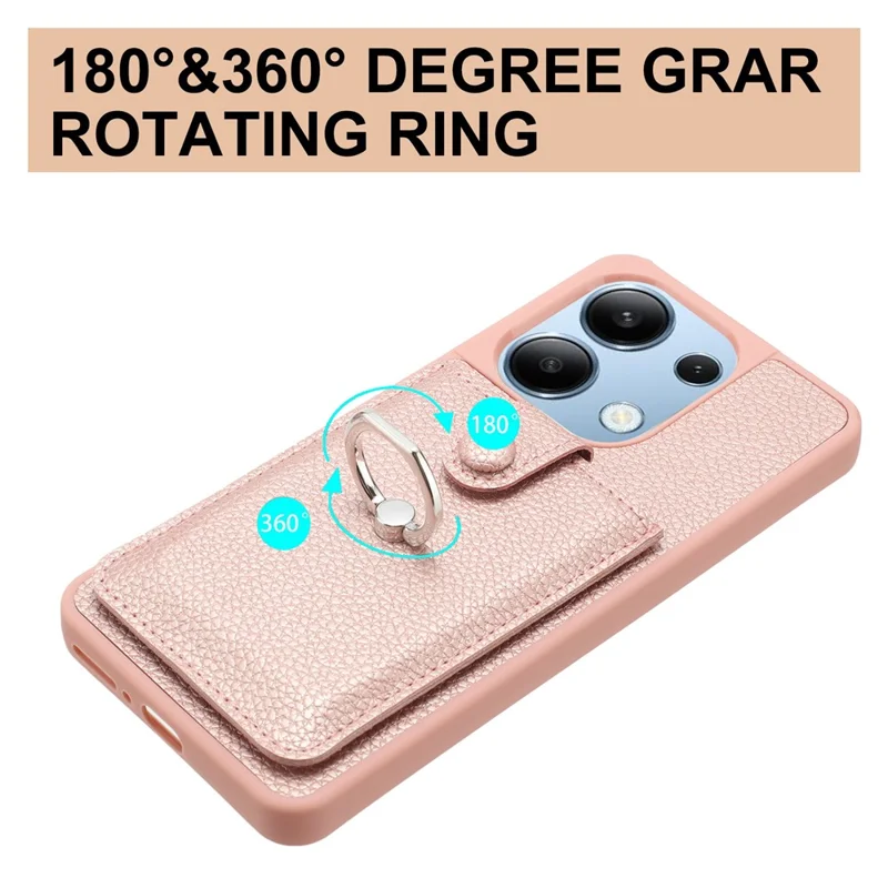 Para Xiaomi Redmi Note 13 4G Case Tipo Ranuras Tarjetas Litchi Textura Cubierta Trasera de Cuero Con Kickstand de Anillo - Oro Rosa