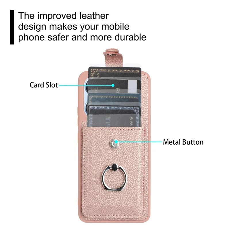 Para Xiaomi Redmi Note 13 4G Case Tipo Ranuras Tarjetas Litchi Textura Cubierta Trasera de Cuero Con Kickstand de Anillo - Oro Rosa