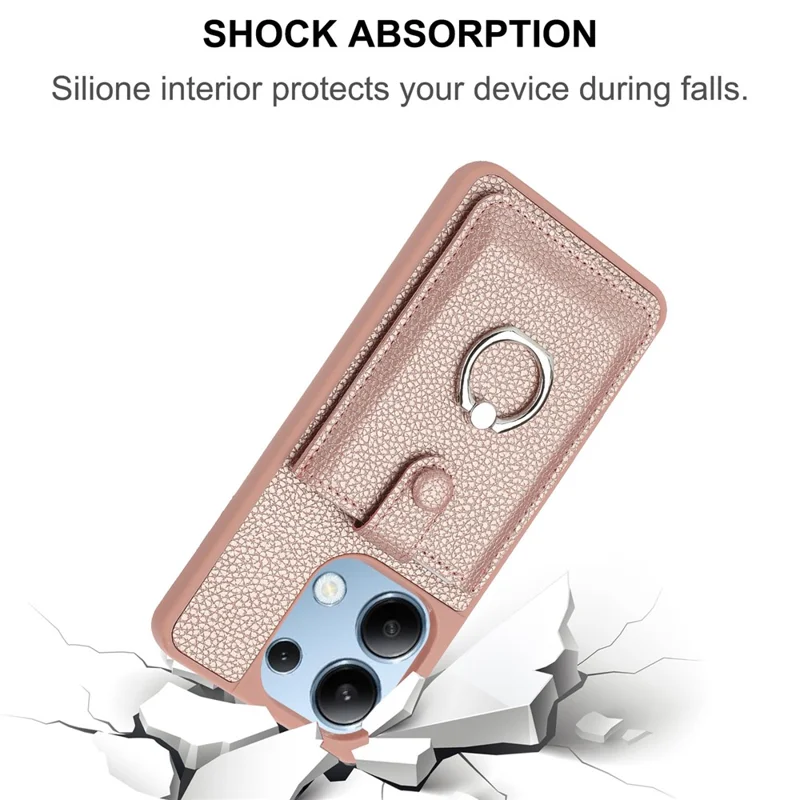 Para Xiaomi Redmi Note 13 4G Case Tipo Ranuras Tarjetas Litchi Textura Cubierta Trasera de Cuero Con Kickstand de Anillo - Oro Rosa