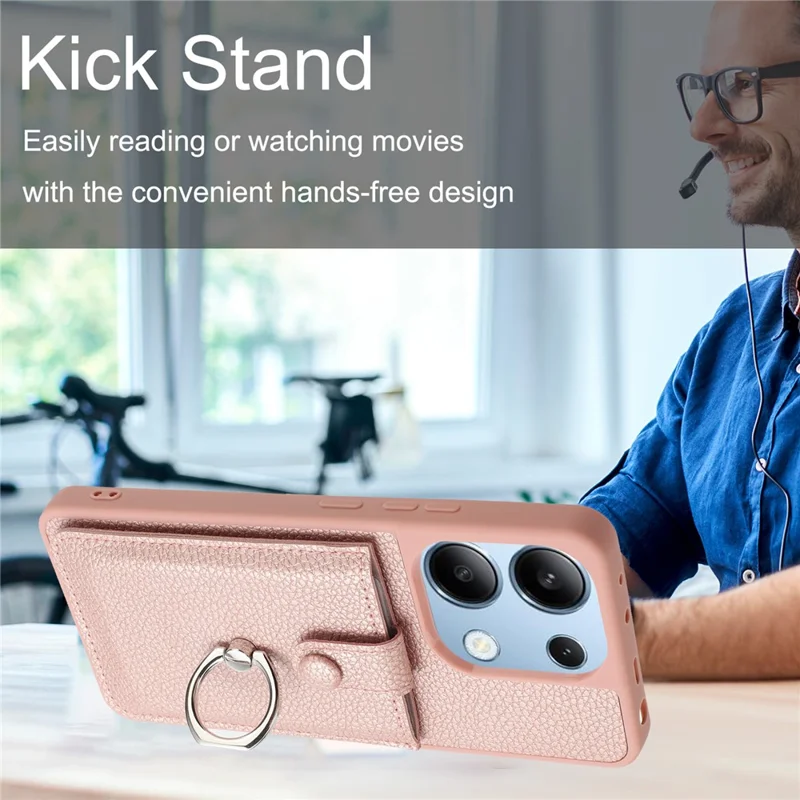 Para Xiaomi Redmi Note 13 4G Case Tipo Ranuras Tarjetas Litchi Textura Cubierta Trasera de Cuero Con Kickstand de Anillo - Oro Rosa