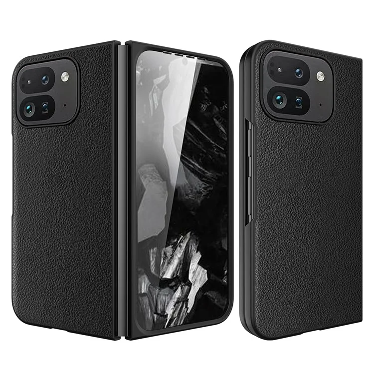 Для чехла Google Pixel Fold 2 Litchi Texture Leather+PC Phone Cover с закалённой стеклянной плёнкой - чёрный