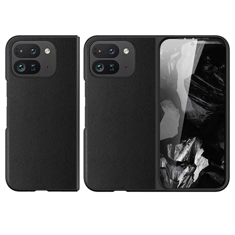 Для чехла Google Pixel Fold 2 Litchi Texture Leather+PC Phone Cover с закалённой стеклянной плёнкой - чёрный