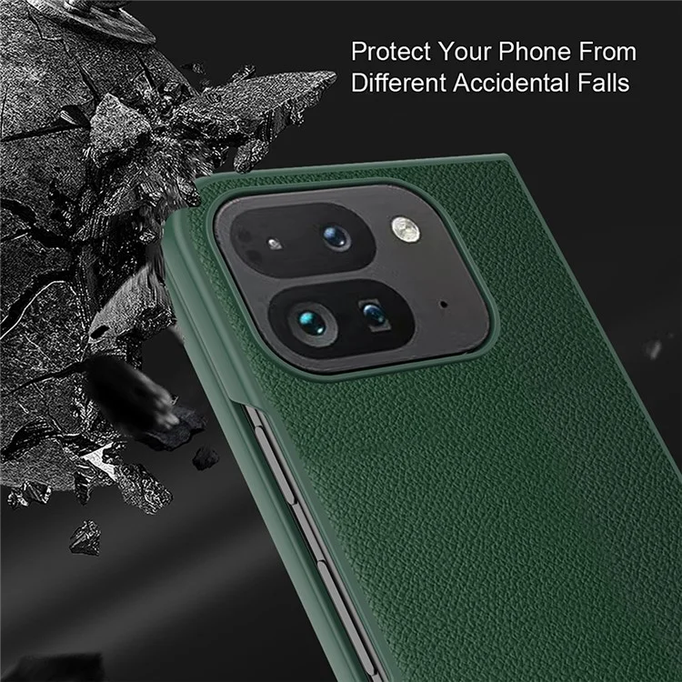 Для чехла Google Pixel Fold 2 Litchi Texture Leather+PC Phone Cover с закалённой стеклянной плёнкой - чёрный