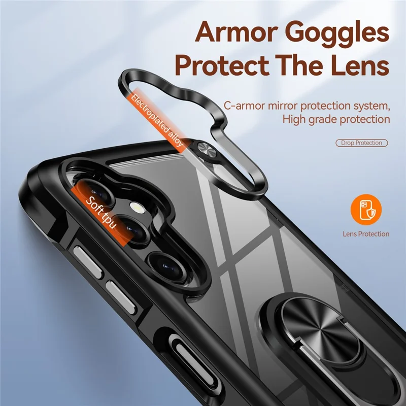 For Samsung Galaxy A16 5G / A16 4G Case Alloy Lens Frame PC + TPU Kickstand Phone Back Cover - Black