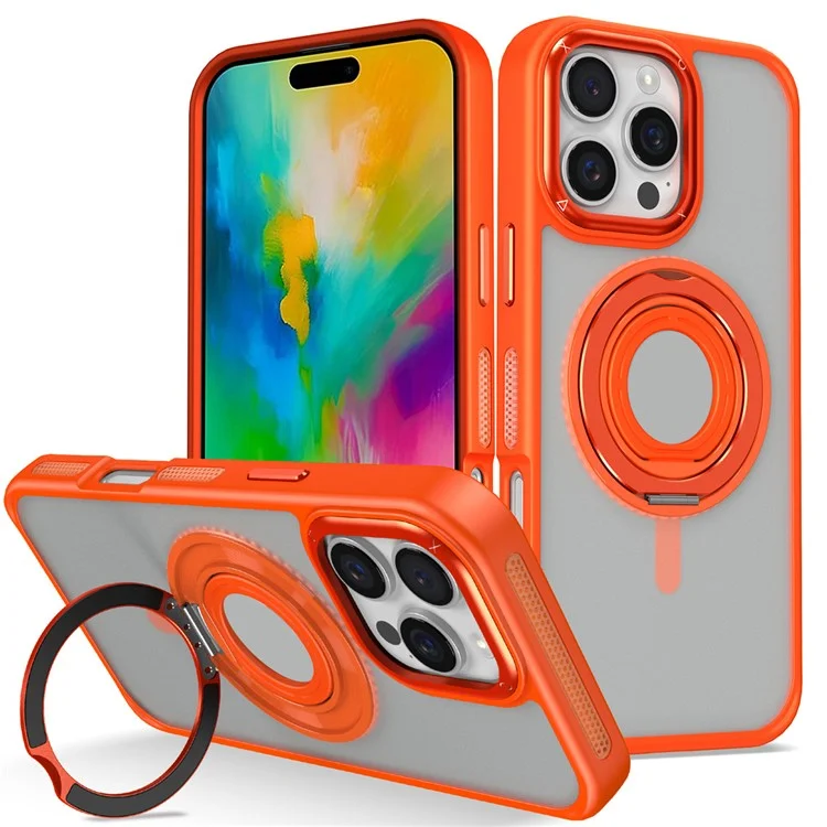 For iPhone 16 Pro Case TPU+PC Matte Backplate Phone Cover with Silicone Ring Kickstand - Orange