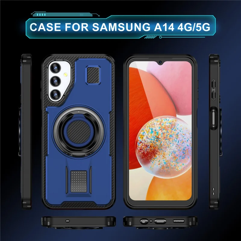 For Samsung Galaxy A14 4G / 5G Case TPU+PC Kickstand Phone Cover with Silicone Finger Strap - Blue