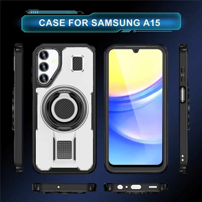 For Samsung Galaxy A15 4G / 5G Case TPU+PC Kickstand Phone Cover with Silicone Finger Strap - White