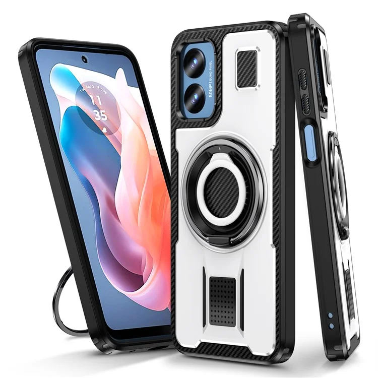 For Motorola Moto G Play (2024) 4G Case TPU+PC Kickstand Phone Cover with Silicone Finger Strap - White
