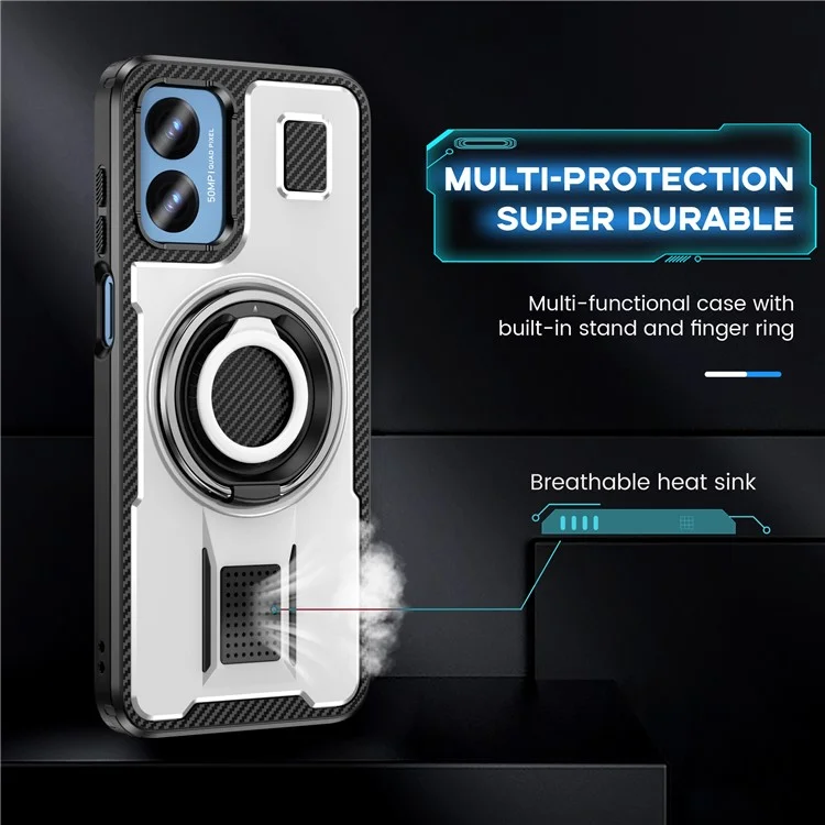 For Motorola Moto G Play (2024) 4G Case TPU+PC Kickstand Phone Cover with Silicone Finger Strap - White