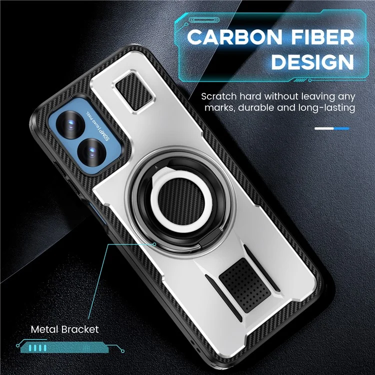 For Motorola Moto G Play (2024) 4G Case TPU+PC Kickstand Phone Cover with Silicone Finger Strap - White