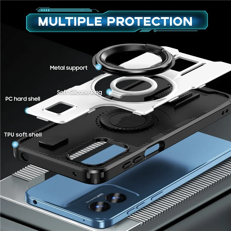 For Motorola Moto G Play (2024) 4G Case TPU+PC Kickstand Phone Cover with Silicone Finger Strap - White