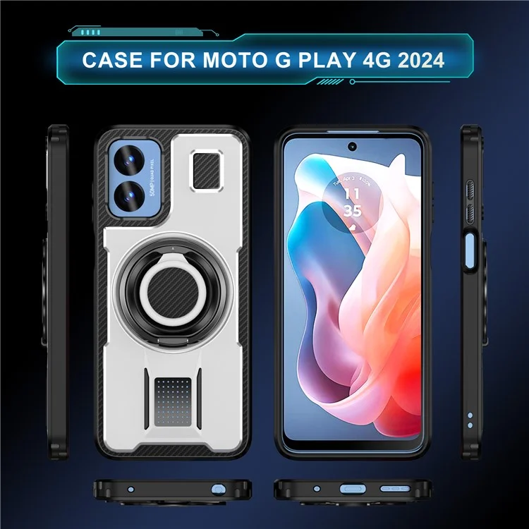 For Motorola Moto G Play (2024) 4G Case TPU+PC Kickstand Phone Cover with Silicone Finger Strap - White