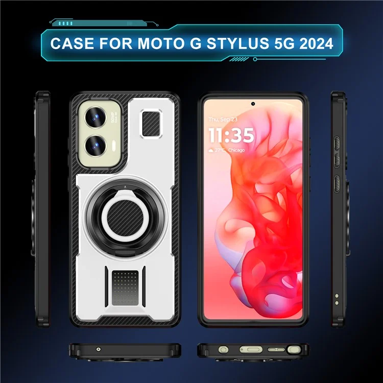 For Motorola Moto G Stylus 5G (2024) Case TPU+PC Kickstand Phone Cover with Silicone Finger Strap - White