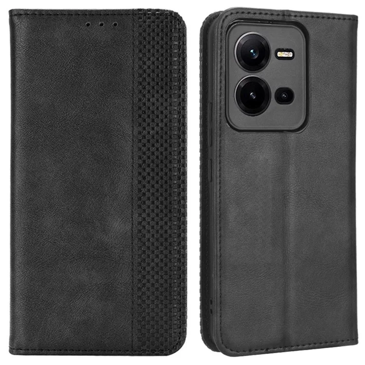 Para Vivo V25 5G Magnético Auto-absorvido Retro PU Pulho de Catura de Capela Primeira de Respição Felia Pole - Preto