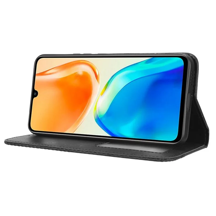 Para Vivo V25 5G Magnético Auto-absorvido Retro PU Pulho de Catura de Capela Primeira de Respição Felia Pole - Preto
