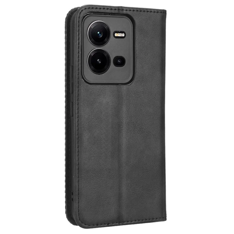 Para Vivo V25 5G Magnético Auto-absorvido Retro PU Pulho de Catura de Capela Primeira de Respição Felia Pole - Preto