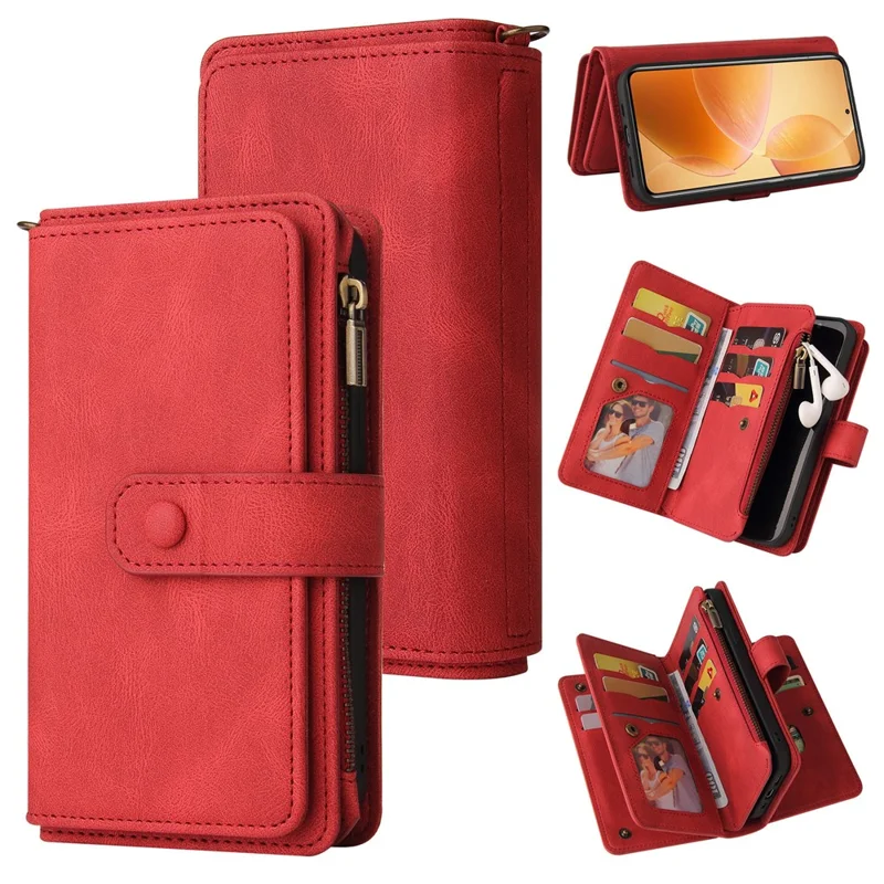 For Xiaomi 14T Pro Zipper Wallet Case with 15 Card Slots and Strap Leather Phone Cover - Red