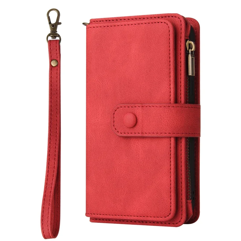 For Xiaomi 14T Pro Zipper Wallet Case with 15 Card Slots and Strap Leather Phone Cover - Red