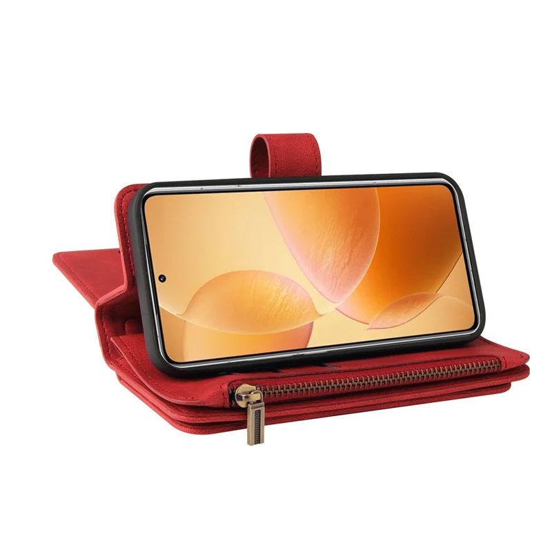 For Xiaomi 14T Pro Zipper Wallet Case with 15 Card Slots and Strap Leather Phone Cover - Red