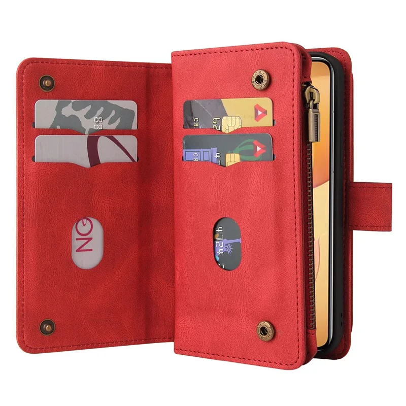 For Xiaomi 14T Pro Zipper Wallet Case with 15 Card Slots and Strap Leather Phone Cover - Red
