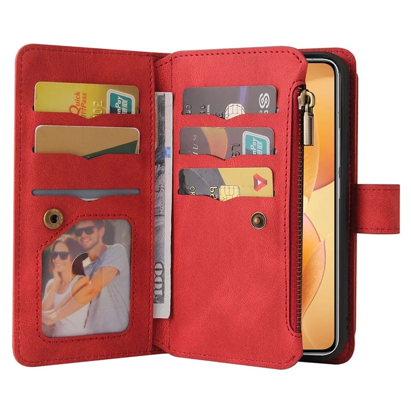 For Xiaomi 14T Pro Zipper Wallet Case with 15 Card Slots and Strap Leather Phone Cover - Red