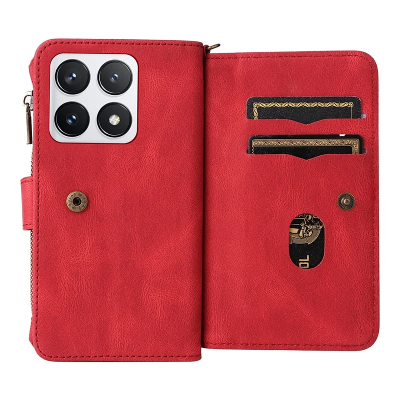 For Xiaomi 14T Pro Zipper Wallet Case with 15 Card Slots and Strap Leather Phone Cover - Red