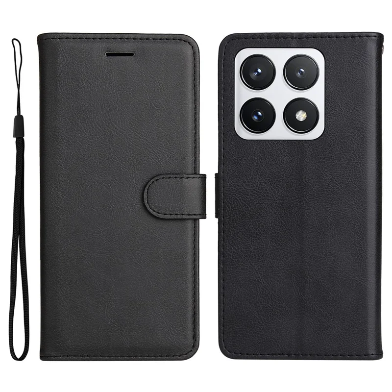 For Xiaomi 14T Pro Case Solid Color Leather Mobile Cover Wallet Stand with Strap - Black