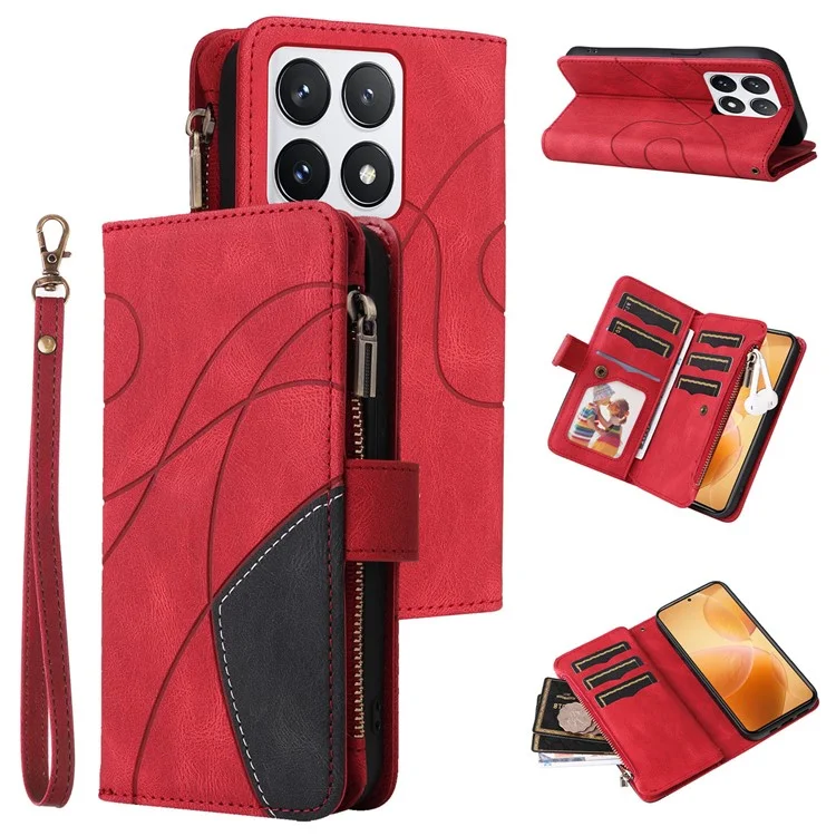 For Xiaomi 14T Pro Leather Case with Strap Zipper 9 Card Slot Phone Cover Stand - Red