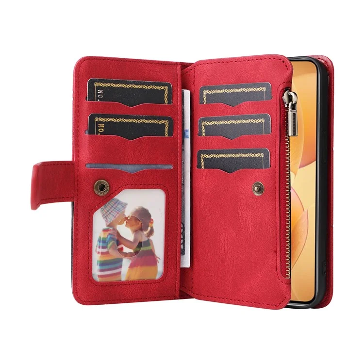For Xiaomi 14T Pro Leather Case with Strap Zipper 9 Card Slot Phone Cover Stand - Red