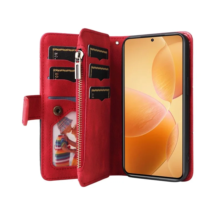 For Xiaomi 14T Pro Leather Case with Strap Zipper 9 Card Slot Phone Cover Stand - Red