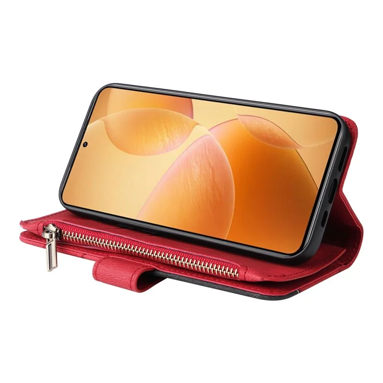 For Xiaomi 14T Pro Leather Case with Strap Zipper 9 Card Slot Phone Cover Stand - Red