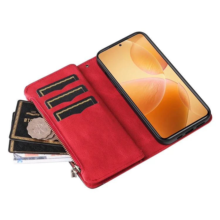 For Xiaomi 14T Pro Leather Case with Strap Zipper 9 Card Slot Phone Cover Stand - Red