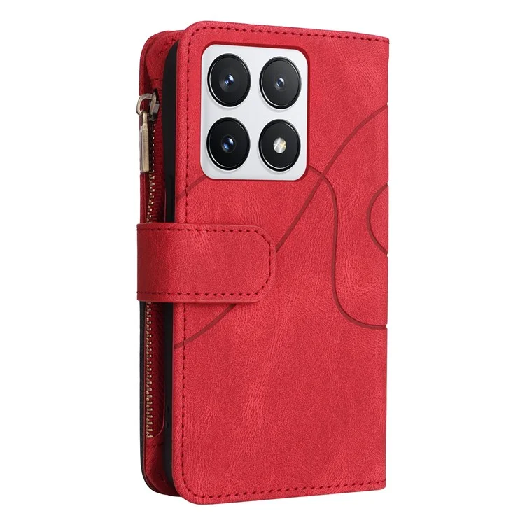 For Xiaomi 14T Pro Leather Case with Strap Zipper 9 Card Slot Phone Cover Stand - Red
