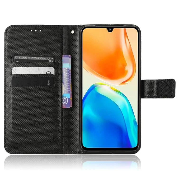 Para Vivo V25 5G Diamond Texture Phone Willet Cover Folio Flip PU Cuero Caja de Soporte Plegable - Negro